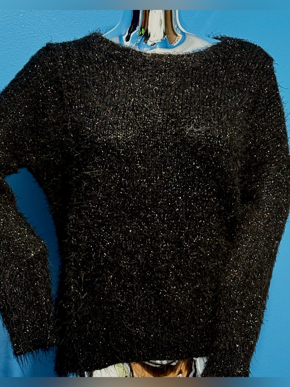 Jennifer Lopez Black Fuzzy Metallic Crew Neck Sweater